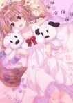 1girl 54hao :d animal_ears bed_sheet bow breasts brown_hair cleavage collarbone commentary dog_ears dog_girl dog_hair_ornament dog_tail dress fangs frilled_dress frilled_pillow frills futo-inu hair_ornament hairband highres hololive hoso-inu inugami_korone long_hair long_sleeves looking_at_viewer low_twintails medium_breasts object_hug pillow pink_hairband red_bow smile solo stuffed_animal stuffed_dog stuffed_toy tail twintails virtual_youtuber white_dress wide_sleeves 