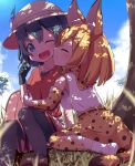  backpack blush bottomwear clothing duo embrace feathers felid feline female female/female footwear gloves handwear hat headgear headwear hi_res hug human kaban-chan kemono_friends makuran mammal serval serval-chan shoes skirt sky socks tail_under_skirt under_tree 