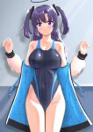  1girl absurdres black_one-piece_swimsuit blue_archive breasts coat collarbone commentary_request competition_swimsuit covered_navel cowboy_shot groin halo highleg highleg_swimsuit highres large_breasts long_hair looking_at_viewer mechanical_halo one-piece_swimsuit open_clothes open_coat purple_eyes purple_hair solo standing striped striped_one-piece_swimsuit swimsuit taurus_(cor-tauri-0426) thigh_gap two-tone_swimsuit two_side_up w_arms white_coat yuuka_(blue_archive) 
