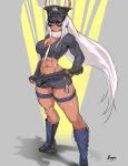  abs absurd_res animal_humanoid breasts cleavage clothed clothing cuff_(restraint) dark_body dark_skin eyewear female footwear hair handcuffs hat headgear headwear hi_res holding_melee_weapon humanoid juggler_(artist) lagomorph lagomorph_humanoid leporid_humanoid long_hair mammal mammal_humanoid metal_cuffs miruko my_hero_academia police rabbit_humanoid restraints shoes short solo sunglasses white_hair 