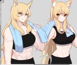  1girl animal_ears arknights bare_arms bare_shoulders blonde_hair breasts crop_top english_commentary grey_background long_hair looking_at_viewer medium_breasts midriff multiple_views navel nearl_(arknights) simple_background smile sports_bra stomach supershrimpcakes towel towel_around_neck upper_body very_long_hair yellow_eyes 