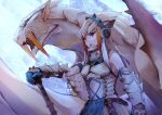  1girl animal_ears arknights armor barioth barioth_(armor) closed_mouth crossover e-bushi fox_ears fox_girl frostleaf_(arknights) gauntlets grey_hair headphones helmet highres monster_hunter_(series) navel upper_body weapon 