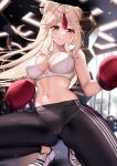  1girl bare_arms bare_shoulders black_pants boxing_gloves breasts commentary crop_top genshin_impact gloves grin hair_ornament hair_stick highres indoors large_breasts leggings long_hair looking_at_viewer midriff ningguang_(genshin_impact) orange_eyes pants red_gloves shoes smile solo sports_bra squatting squchan stomach thighs very_long_hair white_footwear white_hair 