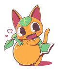  absurdres animal_crossing animal_ears blush cat cat_ears cat_girl cat_tail dress fangs food fruit furry furry_female green_dress haippp heart highres holding holding_food leaf open_mouth orange_(fruit) tail tangy_(animal_crossing) 