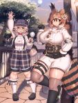  2girls :d absurdres alternate_breast_size animal_ears arm_up belt belt_pouch bird_tail black_hair blouse blush boots bow bowtie breasts brooch brown_hair center_frills closed_mouth corset curvy ears_through_headwear eurasian_eagle_owl_(kemono_friends) eurasian_lynx_(kemono_friends) expressionless frilled_shirt_collar frilled_sleeves frills full_moon glasses gloves goggles goggles_on_head grey_hair hair_between_eyes hair_ornament hand_on_hip hand_up hat highres holding holding_magnifying_glass huge_breasts jewelry kemono_friends kemono_friends_3 lamppost layered_sleeves leaning_back legs_apart long_hair long_sleeves looking_at_viewer low-tied_long_hair lynx_ears lynx_tail magnifying_glass mo23 moon multiple_girls official_alternate_costume open_mouth orange_eyes outdoors outstretched_arm outstretched_hand over-kneehighs plaid plaid_shorts ponytail pouch red_bow red_bowtie semi-rimless_eyewear shirt shoes short_over_long_sleeves short_sleeves shorts sky smile socks standing standing_on_one_leg suspenders tail taut_clothes thigh_belt thigh_strap thighhighs twilight under-rim_eyewear underbust yellow_eyes 