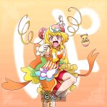  :d back_bow bike_shorts blonde_hair bob_cut bow brooch bun_cover cure_yum-yum delicious_party_precure dragon dress fighting_stance gloves gosei_sentai_dairanger hair_bun hanamichi_ran heart_brooch highres huge_bow jewelry leg_up mem-mem_(precure) open_mouth orange_background orange_bow orange_dress precure red_shorts satou_yasu short_hair shorts shorts_under_dress sleeveless sleeveless_dress smile standing standing_on_one_leg super_sentai text_background triple_bun v-shaped_eyes white_gloves yellow_bow 