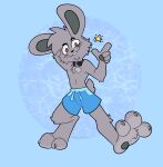  3_toes absurd_res anthro blue_background cheek_tuft chest_tuft chin_tuft clothing collar facial_tuft feet fur grey_body grey_fur grey_pawpads half-closed_eyes hi_res lagomorph leporid male mammal narrowed_eyes pawpads paws rabbit simple_background smile solo swimming_trunks swimwear toes tuft xing1 