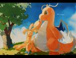  animal_focus blue_sky claws closed_mouth cloud commentary_request dragon dragon_wings dragonite gholdengo highres horns letterboxed nagakura_(seven_walkers) no_humans pokemon pokemon_(creature) single_horn sitting sky tail tree wings 