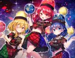  3girls black_headwear black_shirt blonde_hair blue_eyes blue_hair blue_skirt blush chain closed_mouth clothes_writing earth_(ornament) frilled_skirt frills green_skirt hair_between_eyes hecatia_lapislazuli hecatia_lapislazuli_(earth) hecatia_lapislazuli_(moon) highres medium_hair moon_(ornament) moshihimechan multicolored_clothes multicolored_skirt multiple_girls multiple_persona navel off-shoulder_shirt off_shoulder one_eye_closed open_mouth polos_crown red_eyes red_hair red_skirt shirt short_sleeves skirt smile t-shirt touhou yellow_eyes 