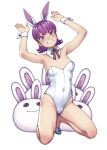 1girl animal_ears arms_up bare_arms bare_legs bare_shoulders blush breasts clenched_teeth commentary_request covered_navel detached_collar embarrassed flipped_hair hamada_yoshikazu highres kneeling kyouka_(tsugumomo) leotard looking_at_viewer official_art playboy_bunny purple_eyes purple_hair rabbit rabbit_ears rabbit_pose shoes short_eyebrows short_hair simple_background small_breasts solo strapless strapless_leotard teeth tsugumomo white_background white_leotard wrist_cuffs 