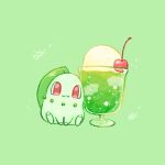  :3 animal_focus cherry chibi chikorita closed_mouth commentary cup drinking_glass food food_focus fruit full_body green_background green_theme happy ice ice_cream ice_cream_float ice_cube kinakomochi_(monsteromochi) looking_at_viewer no_humans pokemon pokemon_(creature) red_eyes simple_background sitting smile solo star_(symbol) 