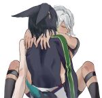  2boys animal_ears asymmetrical_sleeves black_hair blush closed_eyes cyno_(genshin_impact) dark-skinned_male dark_skin earrings fox_boy fox_ears fox_tail genshin_impact green_hair grey_hair hair_over_one_eye highres implied_kiss jewelry male_focus mismatched_sleeves multicolored_hair multiple_boys oniichantoitte short_sleeves simple_background single_earring sitting socks spread_legs tail tighnari_(genshin_impact) white_background yaoi 