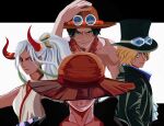  1girl 3boys bead_necklace beads black_jacket blonde_hair chosospigtails closed_mouth cowboy_hat earrings freckles goggles goggles_on_headwear hair_ornament hand_on_headwear hat hat_over_eyes highres horns jacket jewelry long_hair looking_at_viewer monkey_d._luffy multicolored_hair multiple_boys necklace one_piece oni_horns orange_headwear portgas_d._ace sabo_(one_piece) scar short_hair simple_background smile straw_hat top_hat yamato_(one_piece) 