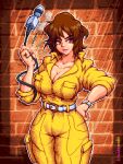  1girl april_o&#039;neil belt breasts brick_wall brown_eyes brown_hair cleavage english_commentary highres holding holding_microphone huge_breasts j.raido jumpsuit looking_at_viewer microphone open_jumpsuit pants pixel_art reporter signature smile solo teenage_mutant_ninja_turtles_(80s) yellow_jumpsuit yellow_pants 