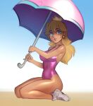 1girl alternate_costume blonde_hair blue_eyes breasts covered_navel crown earrings english_commentary full_body holding holding_umbrella jewelry kneeling long_hair looking_at_viewer mario_(series) medium_hair one-piece_swimsuit parted_lips pink_one-piece_swimsuit princess_peach psuede shoes smile sneakers solo swimsuit umbrella 