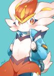 ambiguous_gender anthro blue_background blush cinderace clothed clothing colored digital_media_(artwork) featureless_chest fur generation_8_pokemon glistening glistening_body hi_res holowear_(pokemon) jacket lagomorph leporid mammal minamo_(pixiv17726065) mouth_closed nintendo open_clothing open_jacket open_topwear pokemon pokemon_(species) pokemon_unite red_body red_eyes red_fur signature simple_background skindentation solo space_style_cinderace thick_thighs topwear white_body white_fur yellow_body yellow_fur 