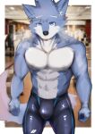  abs absurd_res anthro asleepchef blue_body blue_eyes bulge canid clothing gym hair hi_res male mammal multicolored_body muscular muscular_male musk_clouds nipples pecs shirtless_male solo tight_clothing 