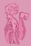  anthro avian bird clothed clothing girly hair helluva_boss hi_res holding_object holding_paper long_hair looking_at_viewer male neutral_expression owl owl_demon paper pink_background ponytail robe simple_background solo standing stolas_(helluva_boss) teathekook topless 