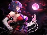  1girl adapted_costume black_sash blue_hair breasts closed_mouth detached_sleeves full_moon hair_between_eyes hair_ornament large_breasts leaf_hair_ornament mitama_mudimudi moon red_eyes rope sash short_hair signature smile solo touhou upper_body yasaka_kanako 