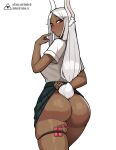  1girl animal_ears artist_logo ass boku_no_hero_academia breasts clothes_lift commentary cowboy_shot dark-skinned_female dark_skin donburi_(donburikazoku) dress_shirt english_commentary fanbox_username hand_up highres large_breasts lifted_by_self long_hair looking_at_viewer looking_back mirko no_panties patreon_username pleated_skirt pointing pointing_at_self rabbit_ears rabbit_tail red_eyes remote_control_vibrator sex_toy shirt shirt_tucked_in simple_background skindentation skirt skirt_lift solo sweat tail thigh_strap thighs vibrator web_address white_shirt 