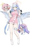  3girls angel_wings blue_archive blue_eyes blue_hair blue_wings blush boots braid breasts brown_eyes buttons chainsaw closed_mouth dress fang feathered_wings feathers full_body green_eyes halo hanae_(blue_archive) hat highres holding holding_chainsaw holding_syringe large_breasts long_hair mine_(blue_archive) multiple_girls nemo_(leafnight) nurse_cap one_eye_closed one_side_up open_mouth pink_dress pink_hair pink_halo pink_headwear pointy_ears purple_hair serina_(blue_archive) short_sleeves simple_background skin_fang smile syringe twin_braids twintails white_background white_footwear wings yellow_halo 