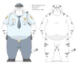  2023 anthro balls belly big_belly blush bottomwear clothing english_text felid flaccid genitals ginsingoo1 hat headgear headwear hi_res kemono male mammal model_sheet moobs navel necktie nipples overweight overweight_male pantherine pants penis police_hat police_officer police_uniform shirt small_penis solo text tiger topwear uniform white_body 