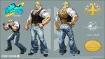  absurdres belt blonde_hair capcom character_name copyright_name denim fighting_stance full_body guile highres jeans muscular muscular_male official_alternate_costume official_alternate_hairstyle official_art pants ponytail reference_sheet street_fighter street_fighter_6 vest 