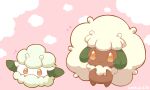  2027_(submarine2027) blush brown_eyes closed_mouth cottonee dated evolutionary_line green_horns hands_up heart horns looking_at_viewer no_humans pink_background pokemon pokemon_(creature) simple_background smile two-tone_background whimsicott white_background 