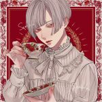  1boy albino bishounen blunt_bangs border buttoned_cuffs buttons closed_mouth cup fingernails floral_print framed frilled_shirt frills hand_up highres holding holding_cup holding_saucer kagoya1219 lace-trimmed_shirt lace_trim long_sleeves male_focus neck_ribbon original outside_border print_cup red_background red_eyes ribbon rose_print sample_watermark saucer shirt short_hair solo straight_hair teacup upper_body watermark white_border white_hair white_ribbon white_shirt 