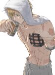  1boy @acchom_zatta abs absurdres alcohol amputee beer beer_can blonde_hair boxer_briefs can cowboy_shot drinking green_eyes highres holding looking_to_the_side male_focus male_underwear mole mole_under_eye scar scar_on_arm scar_on_chest scar_on_stomach short_hair simple_background solo topless_male towel towel_on_head trigun underwear vash_the_stampede white_background 