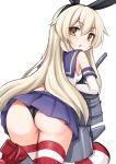  1girl animal_ears ass black_panties blonde_hair blue_sailor_collar blue_skirt blush breasts elbow_gloves fake_animal_ears foot_up from_behind gloves hair_between_eyes highres kantai_collection kinomiki_nobori long_hair looking_at_viewer looking_back miniskirt one-hour_drawing_challenge panties parted_lips pleated_skirt rabbit_ears red_thighhighs sailor_collar shimakaze_(kancolle) shirt simple_background skirt sleeveless sleeveless_shirt small_breasts solo striped striped_thighhighs thighhighs underwear very_long_hair white_background white_gloves white_shirt yellow_eyes 