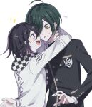  2boys :d ahoge black_hair black_jacket brown_eyes buttons checkered_clothes checkered_scarf danganronpa_(series) danganronpa_v3:_killing_harmony eye_contact hug jacket long_sleeves looking_at_another male_focus medium_hair multicolored_hair multiple_boys open_mouth ouma_kokichi pink_hair purple_eyes saihara_shuuichi scarf seuli_(sa404_3) short_hair simple_background smile striped striped_jacket sweat teeth two-tone_hair upper_body upper_teeth_only white_background white_jacket yaoi 