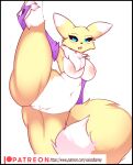  anthro armwear bandai_namco big_breasts black_sclera blue_eyes breasts canid canine clothed clothing digimon digimon_(species) dipstick_ears dipstick_tail female fur genitals mammal markings multicolored_ears nipples nude partially_clothed pose pussy raised_leg renamon simple_background solo tail tail_markings tuft voicedbarley white_body white_fur yellow_body yellow_fur 