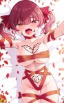  1girl absurdres ass_visible_through_thighs blush breasts candy chocolate chocolate_on_body chocolate_on_breasts fang food food_on_body heart heart-shaped_chocolate highres hololive houshou_marine large_breasts lying naked_ribbon on_back open_mouth outstretched_arms red_hair ribbon smile solo valentine virtual_youtuber xooku 