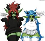  absurd_res big_breasts blue_hair breast_size_difference breasts clothed clothing collar duo female goblin green_body green_skin hair hi_res humanoid legwear not_furry thick_thighs thigh_highs twistingtoxic 