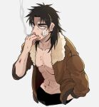  1boy abs black_eyes blood bomber_jacket brown_hair brown_jacket cigarette commentary_request cuts gauze injury inudori itou_kaiji jacket kaiji long_hair long_sleeves looking_afar male_focus medium_bangs no_shirt open_clothes open_jacket parted_bangs scratches simple_background smoke smoking solo upper_body white_background 