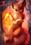  2023 ambiguous_gender black_nose bloominglynx blurred_background eeveelution elemental_manipulation fangs featureless_crotch feet feral fire fire_manipulation flareon front_view full-length_portrait fur generation_1_pokemon glistening glistening_eyes hi_res looking_at_viewer nintendo open_mouth orange_body orange_fur pawpads paws pokemon pokemon_(species) portrait semi-anthro signature soles solo tail teeth toes 