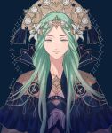  1girl 4ki_ori9 blue_background blue_capelet capelet closed_mouth commentary_request dress fire_emblem fire_emblem:_three_houses flower green_eyes green_hair hair_flower hair_ornament half-closed_eyes hat highres lips long_hair long_sleeves looking_at_viewer own_hands_together pink_lips rhea_(fire_emblem) simple_background solo twitter_username very_long_hair white_dress white_flower 