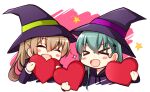  &gt;_&lt; 2girls alternate_costume aqua_hair black_headwear blush_stickers brown_hair closed_eyes hat heart hooded_dress kantai_collection kumano_(kancolle) long_hair multiple_girls smile suzuya_(kancolle) teramoto_kaoru upper_body witch_hat 