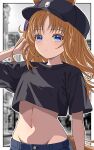  1girl 96dai_0313 absurdres animal_ears arm_up baseball_cap black_headwear black_shirt blue_eyes blurry blurry_background blush border breasts brown_hair closed_mouth commentary_request cropped_shirt denim ears_through_headwear grass_wonder_(umamusume) groin hat highres horse_ears horse_girl horse_tail jeans long_hair looking_at_viewer midriff multicolored_hair navel pants photo_background shirt short_sleeves small_breasts solo streaked_hair tail umamusume white_border white_hair 