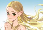 1girl absurdly_long_hair artist_name bare_shoulders blonde_hair closed_mouth green_eyes hirofujie jewelry long_hair looking_at_viewer necklace parted_bangs pointy_ears princess_zelda simple_background smile the_legend_of_zelda the_legend_of_zelda:_breath_of_the_wild upper_body very_long_hair 