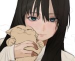  1girl animal blue_eyes cat copyright_request doodles freng highres holding holding_animal holding_cat long_hair long_sleeves looking_at_viewer shirt simple_background solo whiskers white_background white_shirt 
