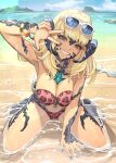  1girl absurdres animal_print au_ra bangle beach bikini blonde_hair bracelet breasts cleavage commentary_request day dragon_horns eyewear_on_head final_fantasy final_fantasy_xiv grin hide_(hideout) highres horns jewelry large_breasts leopard_print long_hair looking_at_viewer nail_polish outdoors partially_submerged purple_eyes purple_nails scales sitting smile solo sunglasses swimsuit w wariza warrior_of_light_(ff14) 
