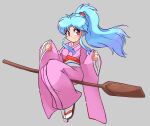  1girl absurdres blue_hair botan_(yu_yu_hakusho) english_commentary full_body grey_background high_ponytail highres japanese_clothes kimono long_hair nin10ja oar pink_eyes pink_kimono riding sidelocks solo yu_yu_hakusho 