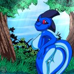  2018 anthro bent_over big_breasts blue_body blue_scales blue_skin breasts butt cloud crossgender digital_media_(artwork) featureless_breasts featureless_crotch female grass hand_on_hip june_(justathereptile) justathereptile komodo_dragon leaf light light_beam lizard looking_at_viewer looking_back monitor_lizard non-mammal_breasts nude outdoor_nudity outside plant raised_tail red_eyes reptile scales scalie scutes sky smile solo sunbeam sunlight tail tree watermark 