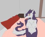  absurd_res anthro bed bedroom bedroom_eyes blush bodily_fluids choker female fur furniture hi_res jewelry narrowed_eyes necklace nipples open_mouth orange_eyes pillow pink_nipples purple_body saliva savo seductive sergal smile solo tail tongue tongue_out white_body 