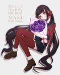  1girl arironpawa black_hair black_sailor_collar black_skirt bouquet brown_footwear character_name danganronpa_(series) danganronpa_v3:_killing_harmony dated hair_ornament hair_scrunchie happy_birthday harukawa_maki highres holding holding_bouquet long_hair long_sleeves miniskirt pleated_skirt red_eyes red_scrunchie red_shirt red_thighhighs sailor_collar scrunchie shirt shoes skirt smile solo thighhighs very_long_hair 