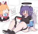  2girls :o absurdres animal_ear_headphones animal_ears black_shirt black_skirt blue_archive blue_buruma blue_jacket blue_necktie blunt_bangs broken buruma cat_ear_headphones coat collarbone commentary english_commentary fake_animal_ears gym_shirt gym_uniform hair_ribbon halo headphones highres jacket joy-con knees_up long_hair long_sleeves looking_at_another lulubelleiii momoi_(blue_archive) multiple_girls necktie nervous_sweating official_alternate_costume official_alternate_hairstyle open_clothes open_coat open_jacket orange_hair parted_bangs purple_eyes purple_hair ribbon ring-con ring_fit_adventure seiza shirt short_hair short_sleeves sidelocks simple_background sitting skirt surprised suspender_skirt suspenders sweat thick_thighs thighs track_jacket translation_request tress_ribbon triangle_hair_ornament two_side_up white_coat yuuka_(blue_archive) yuuka_(track)_(blue_archive) 