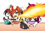  2girls animal_ears black_hair blue_eyes bowl breathing_fire chopsticks emeruga fire hair_ornament hakos_baelz hololive hololive_english irys_(hololive) long_hair mouse_ears mouse_girl multicolored_hair multiple_girls red_hair streaked_hair twintails virtual_youtuber white_background white_hair 