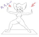  2018 anthro breasts disney domestic_cat ear_piercing english_text felid feline felis female genitals goof_troop hair half-closed_eyes hi_res looking_at_viewer mammal narrowed_eyes nipples peg_pete piercing pubes pussy signature simple_background solo text wastedtimeee white_background yoga yoga_mat 